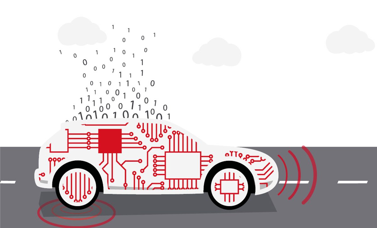 Whitepaper visual: a car drawn as a circuit board, with binary digits rising from it